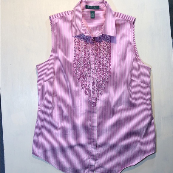 Lauren Ralph Lauren Tops - Ralph Lauren top pink stripe cotton tuxedo ruffle